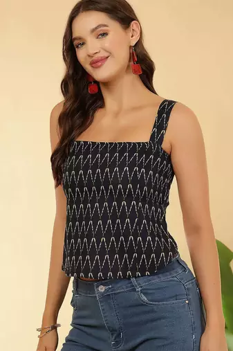 Navy-blue cotton printed top for women