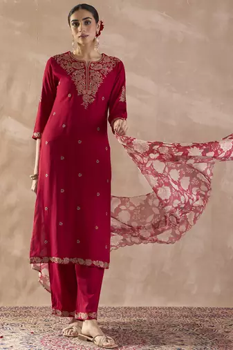 Pink embroidered straight kurta palazzo with dupatta set