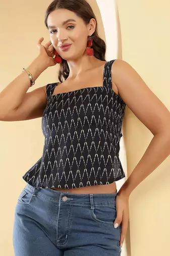 Navy-blue cotton printed top for women