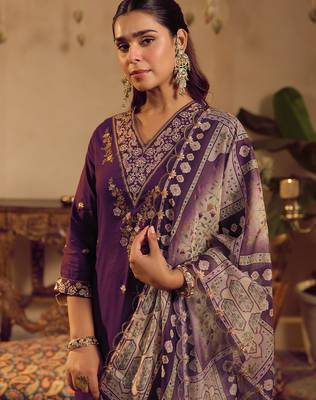 Purple embroidered straight kurta palazzo with dupatta set 1