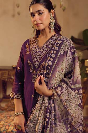Purple embroidered straight kurta palazzo with dupatta set