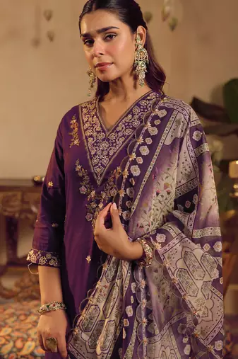 Purple embroidered straight kurta palazzo with dupatta set