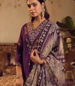 Purple embroidered straight kurta palazzo with dupatta set