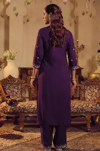 Purple embroidered straight kurta palazzo with dupatta set