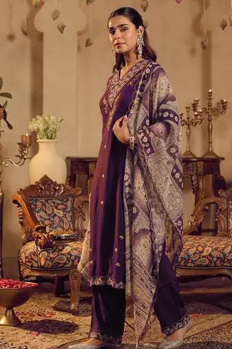Purple embroidered straight kurta palazzo with dupatta set