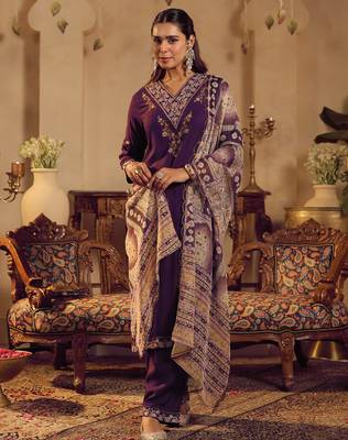 Purple embroidered straight kurta palazzo with dupatta set 4