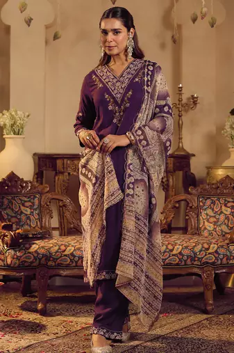 Purple embroidered straight kurta palazzo with dupatta set