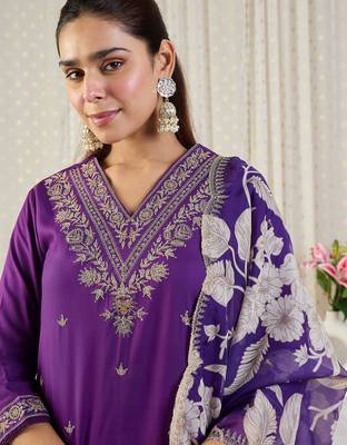 Purple embroidered straight kurta salwar with dupatta set 1
