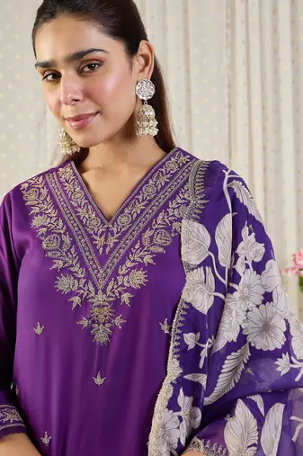 Purple embroidered straight kurta salwar with dupatta set