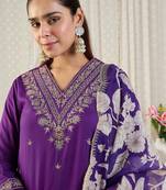 Purple embroidered straight kurta salwar with dupatta set