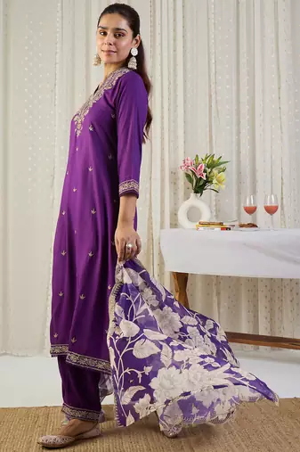 Purple embroidered straight kurta salwar with dupatta set