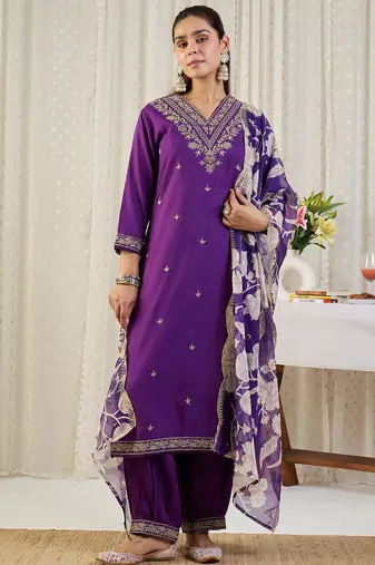 Purple embroidered straight kurta salwar with dupatta set