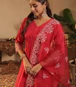 Pink embroidered a-line kurta trousers with dupatta set