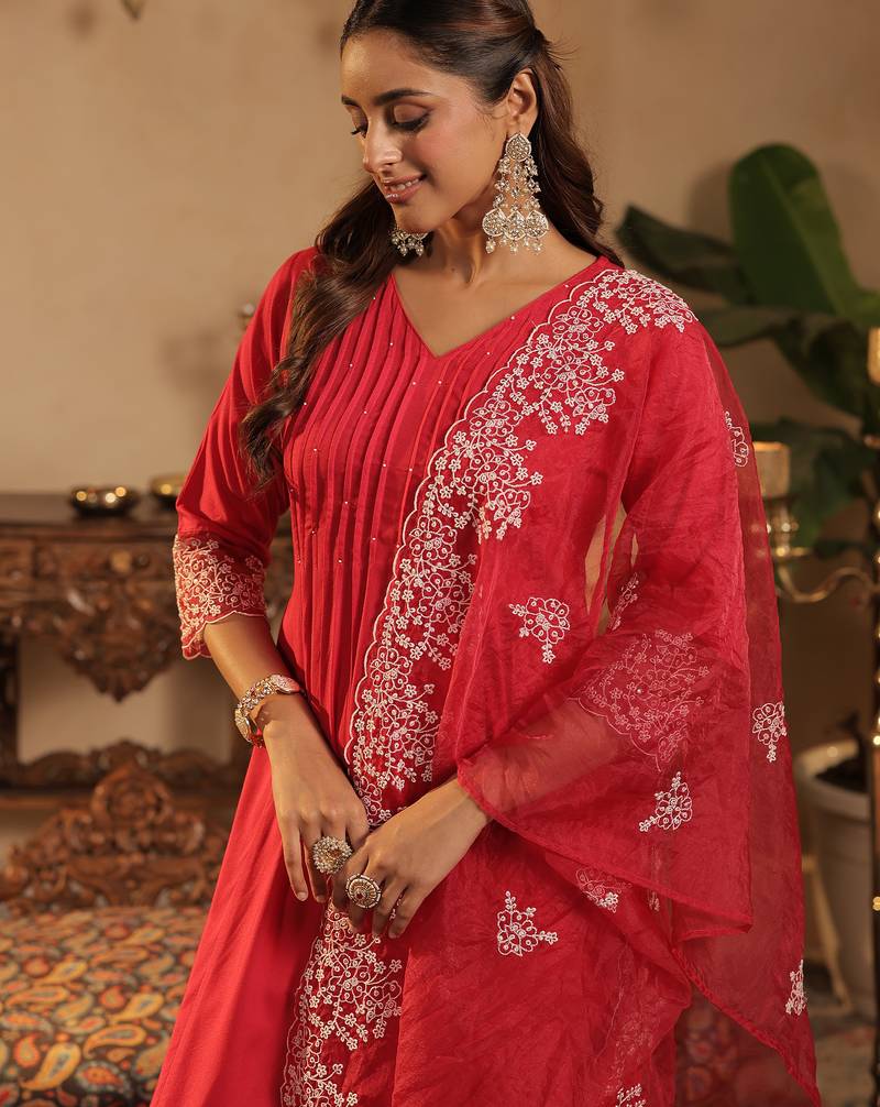 Pink embroidered a-line kurta trousers with dupatta set
