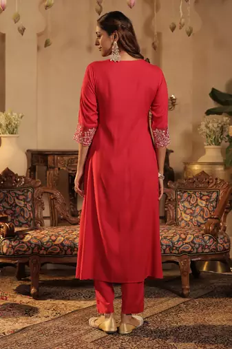 Pink embroidered a-line kurta trousers with dupatta set