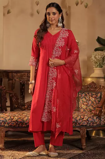 Pink embroidered a-line kurta trousers with dupatta set