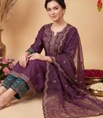 Burgundy embroidered straight kurta trousers with dupatta set