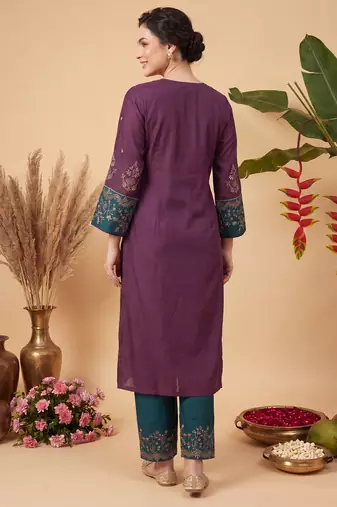 Burgundy embroidered straight kurta trousers with dupatta set
