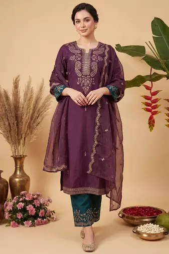 Burgundy embroidered straight kurta trousers with dupatta set