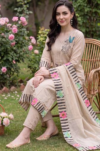 Beige embroidered straight kurta trousers with dupatta set
