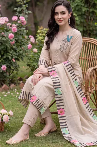 Beige embroidered straight kurta trousers with dupatta set