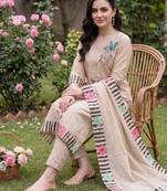 Beige embroidered straight kurta trousers with dupatta set