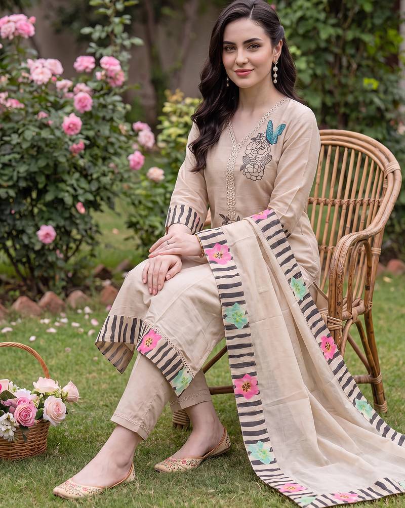 Beige embroidered straight kurta trousers with dupatta set