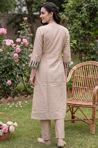 Beige embroidered straight kurta trousers with dupatta set