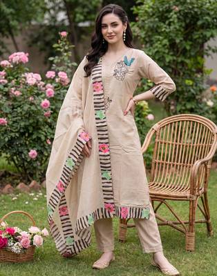 Beige embroidered straight kurta trousers with dupatta set 3