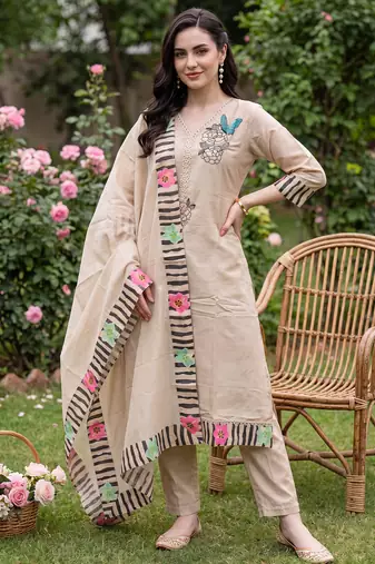 Beige embroidered straight kurta trousers with dupatta set
