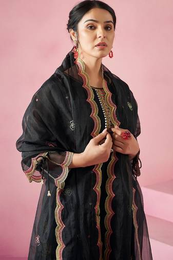 Black embroidered straight kurta trousers with dupatta set