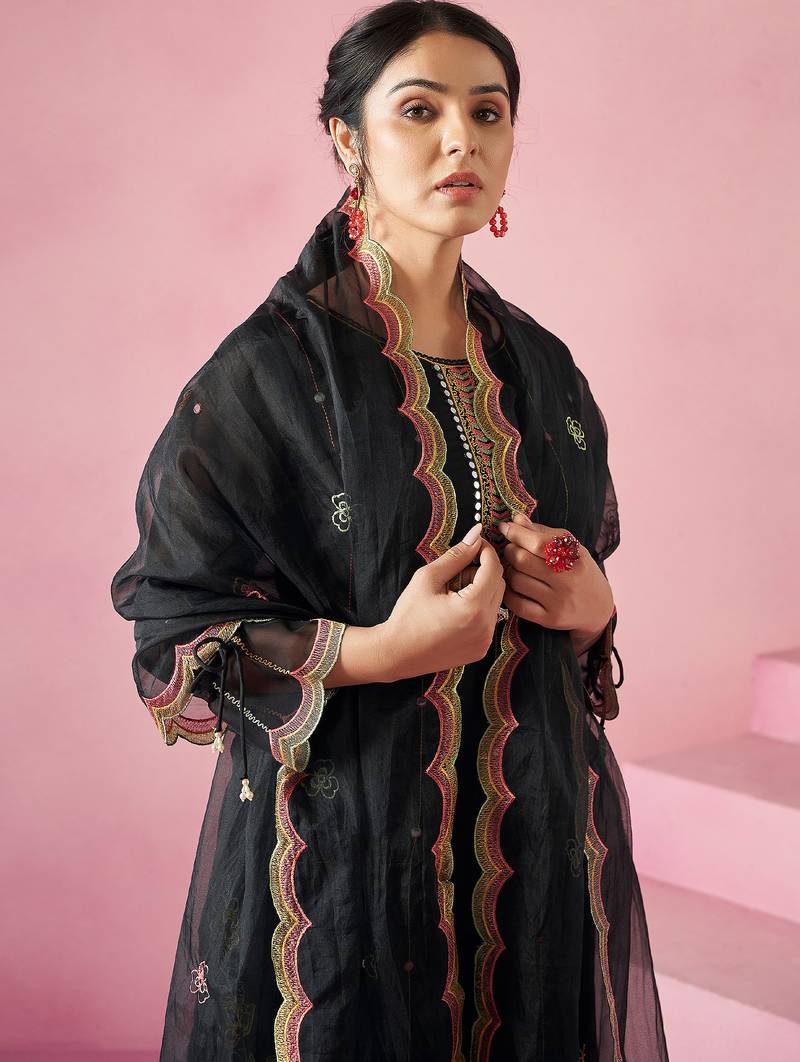Black embroidered straight kurta trousers with dupatta set