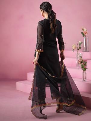 Black embroidered straight kurta trousers with dupatta set 2