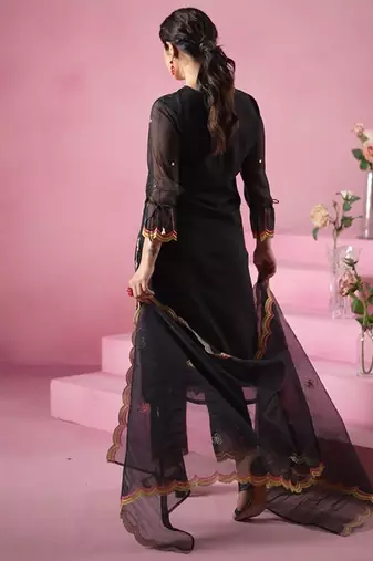 Black embroidered straight kurta trousers with dupatta set