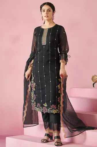 Black embroidered straight kurta trousers with dupatta set