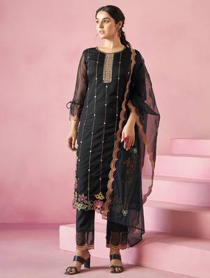 Black embroidered straight kurta trousers with dupatta set 4