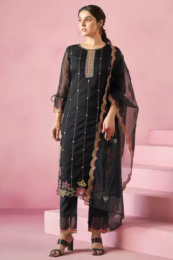 Black embroidered straight kurta trousers with dupatta set