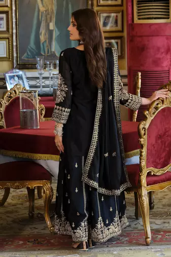 Black embroidered straight kurta palazzo with dupatta set