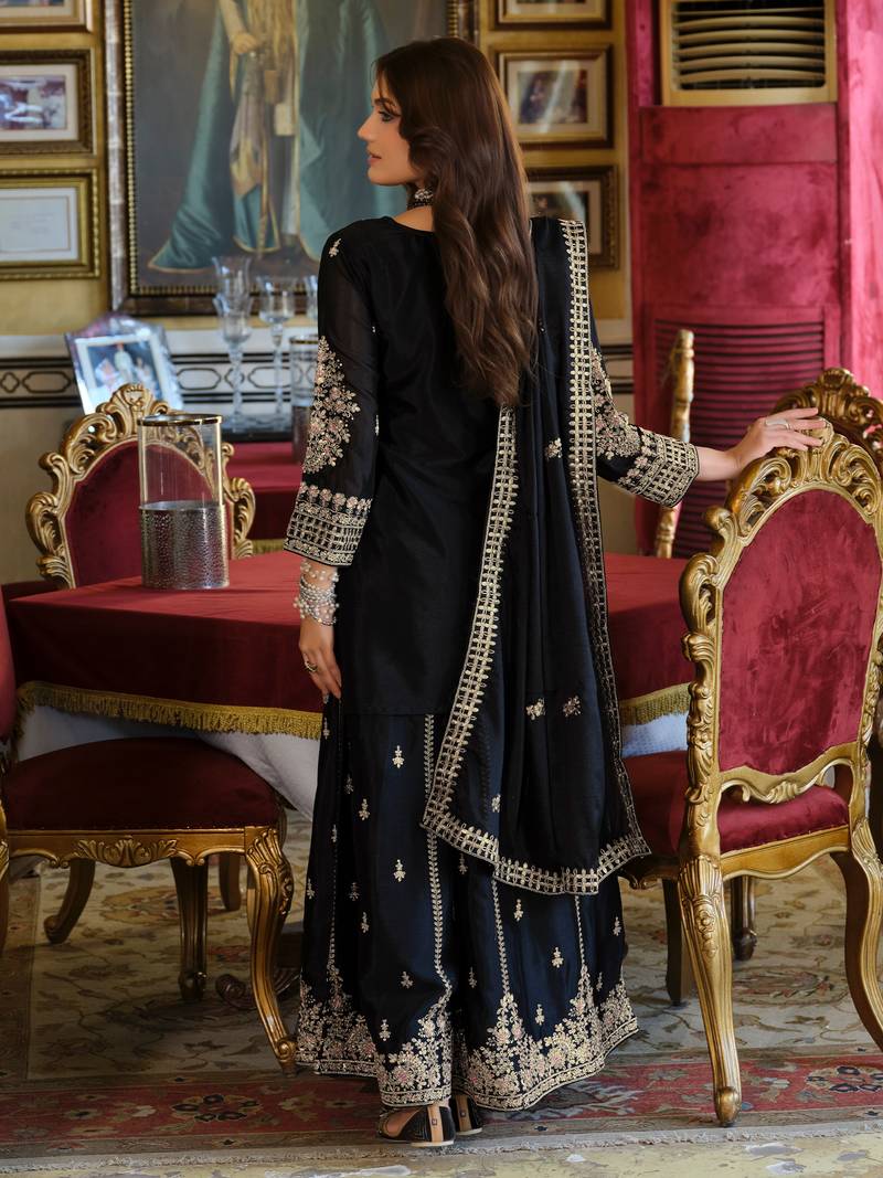 Black embroidered straight kurta palazzo with dupatta set