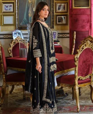 Black embroidered straight kurta palazzo with dupatta set 3