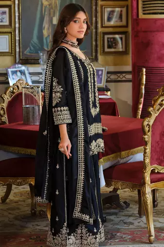 Black embroidered straight kurta palazzo with dupatta set