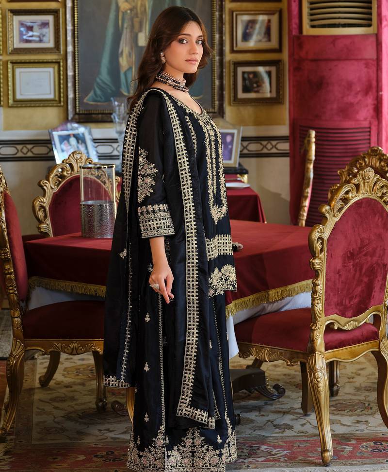 Black embroidered straight kurta palazzo with dupatta set