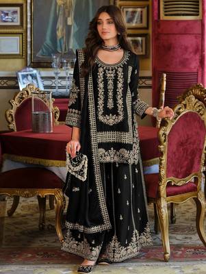 Black embroidered straight kurta palazzo with dupatta set 4