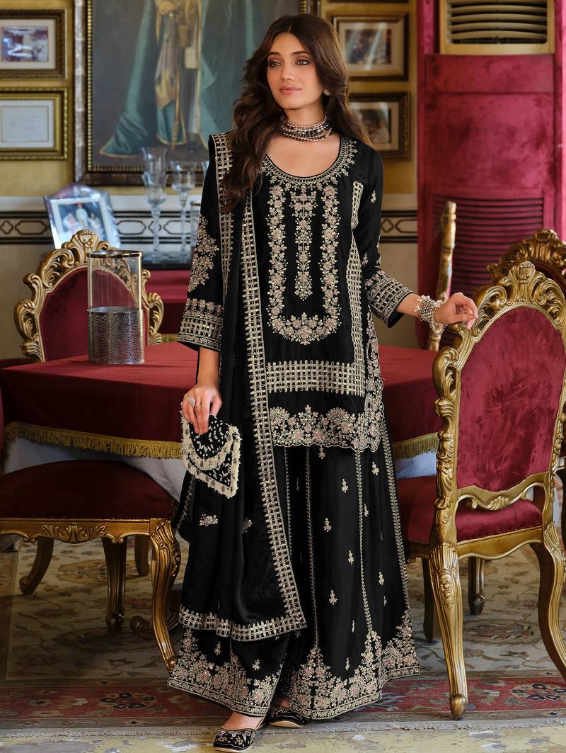 Black embroidered straight kurta palazzo with dupatta set