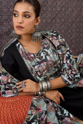 Black printed straight kurta trousers with dupatta set
