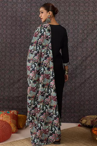 Black printed straight kurta trousers with dupatta set