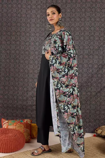Black printed straight kurta trousers with dupatta set