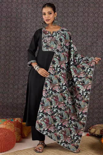 Black printed straight kurta trousers with dupatta set