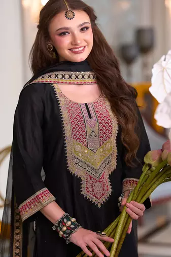 Black embroidered a-line kurta trousers with dupatta set