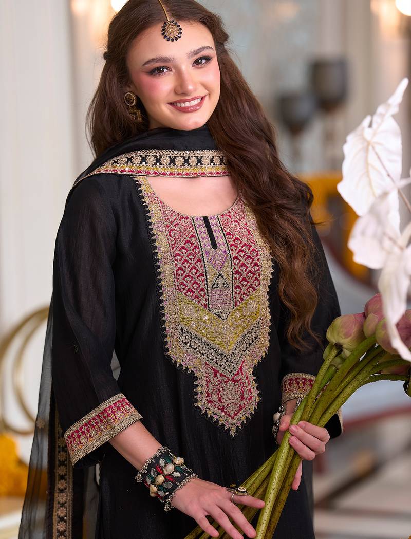 Black embroidered a-line kurta trousers with dupatta set